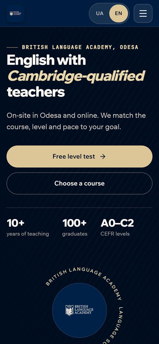 British Language Academy website on a phone